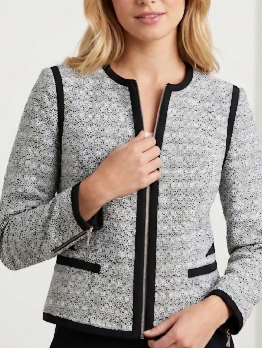 White Black Textured Gray & Black Zip-Front Blazer Size 2 Zip Cuff Business Work